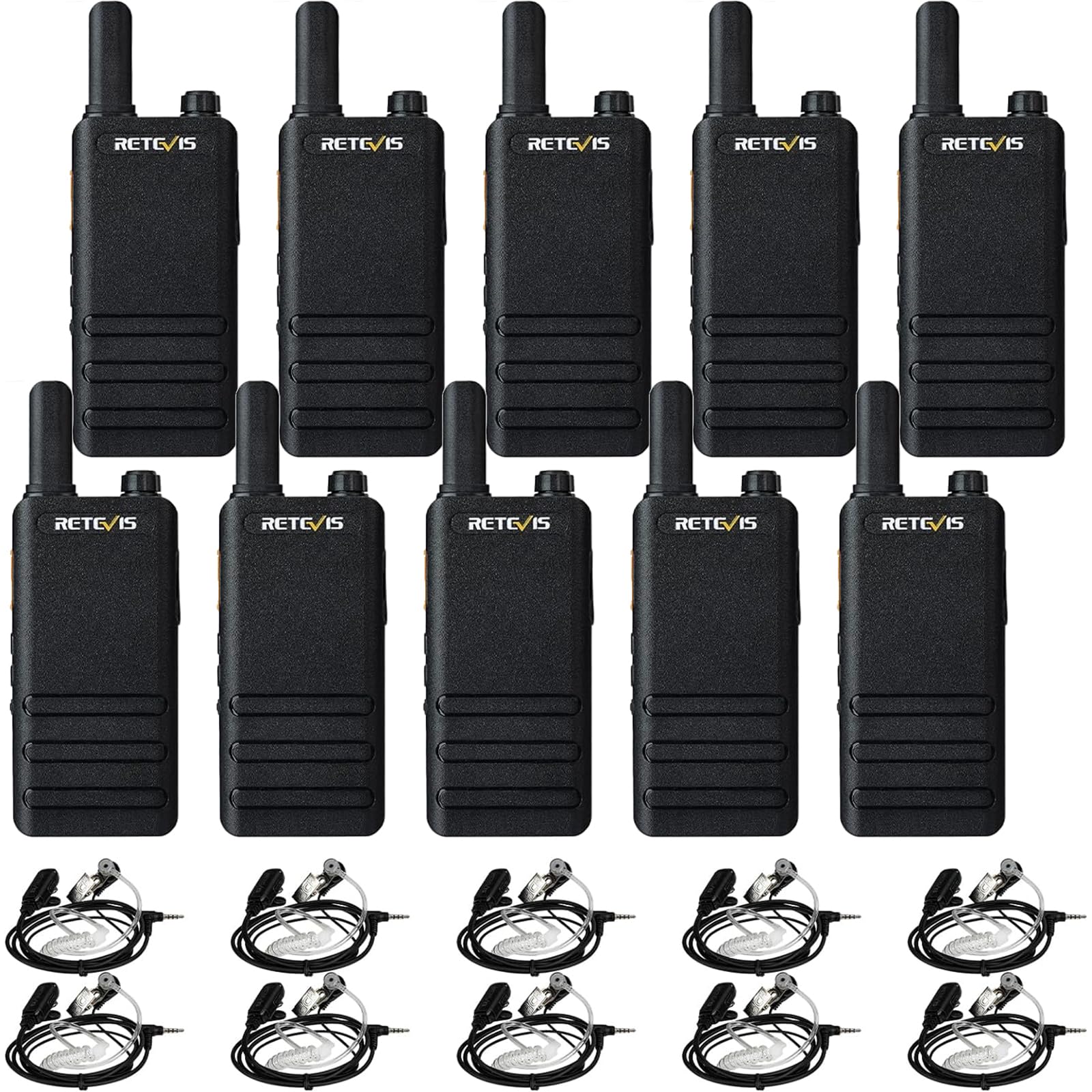 Retevis Walkie Talkie RT622P, PMR446 Professional Walkie Talkies with Headphones, 1620 mAh, VOX, CTCSS DCS Lightweight Portable Walkie Talkie Rechargeable for Schools, Hotels (10 Pieces, Black)