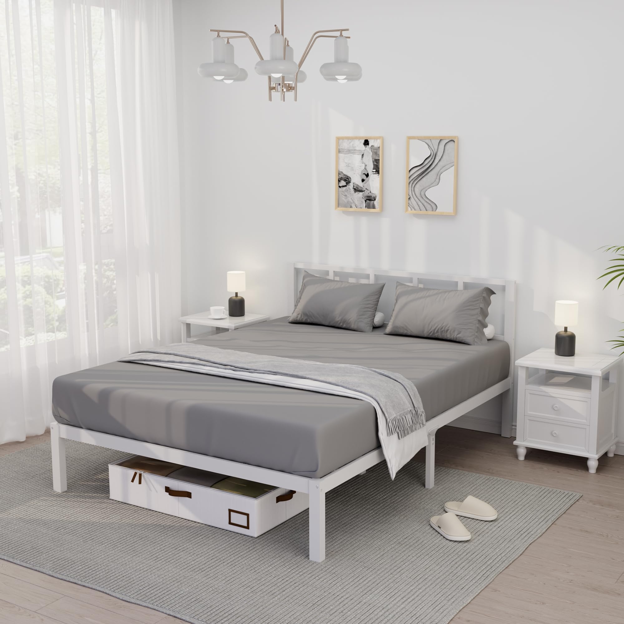 Photo 1 of *** USED/UNKNOWN MISSING HARDWARE AND PARTS***14 Inch Bamboo Bed Frame – Solid Wood Platform Bed Frame, Strong and Stable, with Non-Slip Slats for Support, No Box Spring Needed, Easy to Assemble, Noise-Free (White, Queen with Headboard)