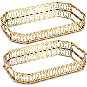 Yikinip Glass and Gold Rectangular Tray Set of 2， Dinner Plate Perfume and Vanity Tray Decorative Mirrored Vanity Tray with G