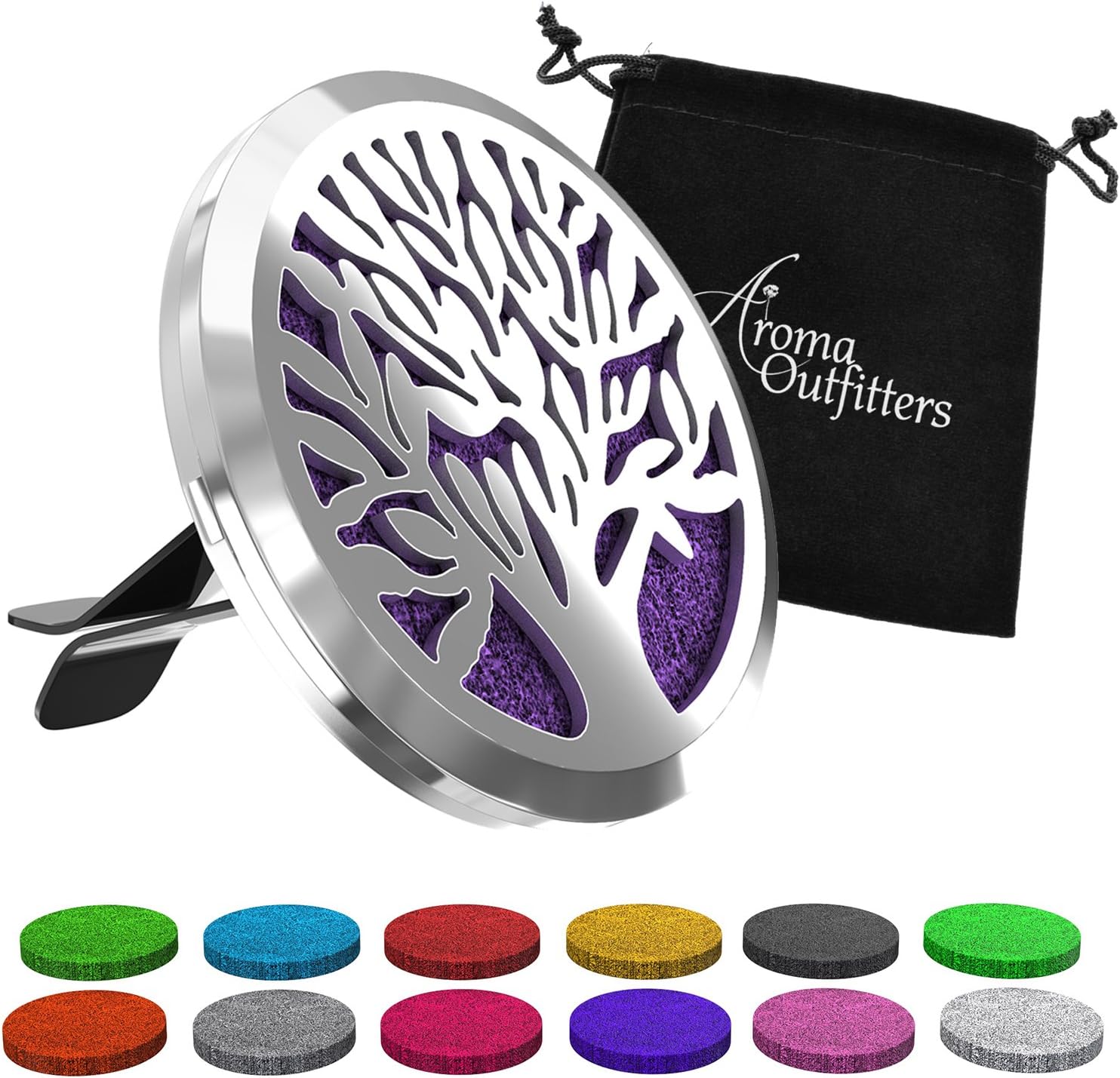 Aroma Outfitters Car Diffuser Vent Clip with 12 Colored Felt Pads. Improve Air Quality, Motion Sickness & Promote Calm Driving. Tree of Life Stainless Steel Fragrance Magnetic Locket