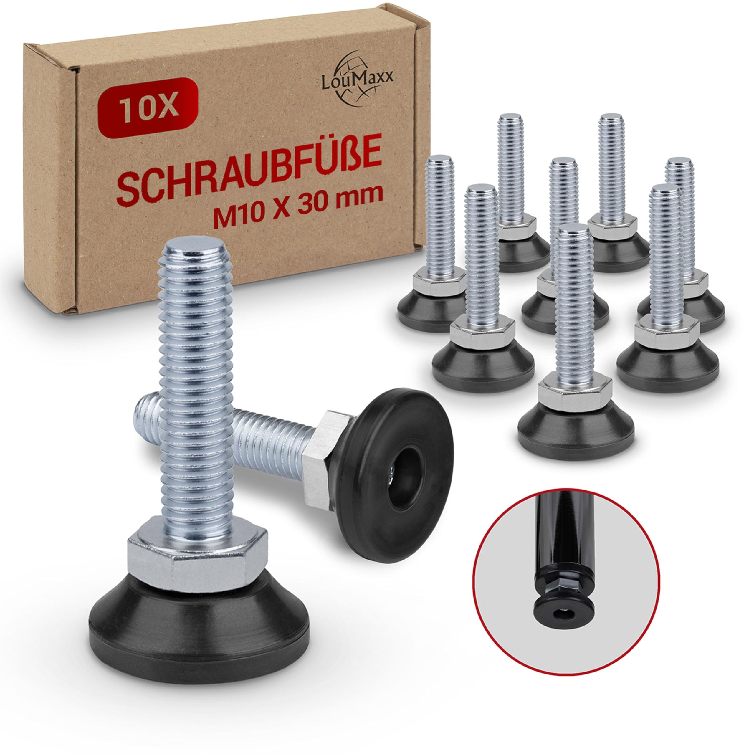 LouMaxx Legs M10 × 30 mm – Set of 10 pieces – Adjusting Screw for Furniture, Machinery and Workbenches – Leveling Foot for Stable Position – Height Adjustable Steel Feet