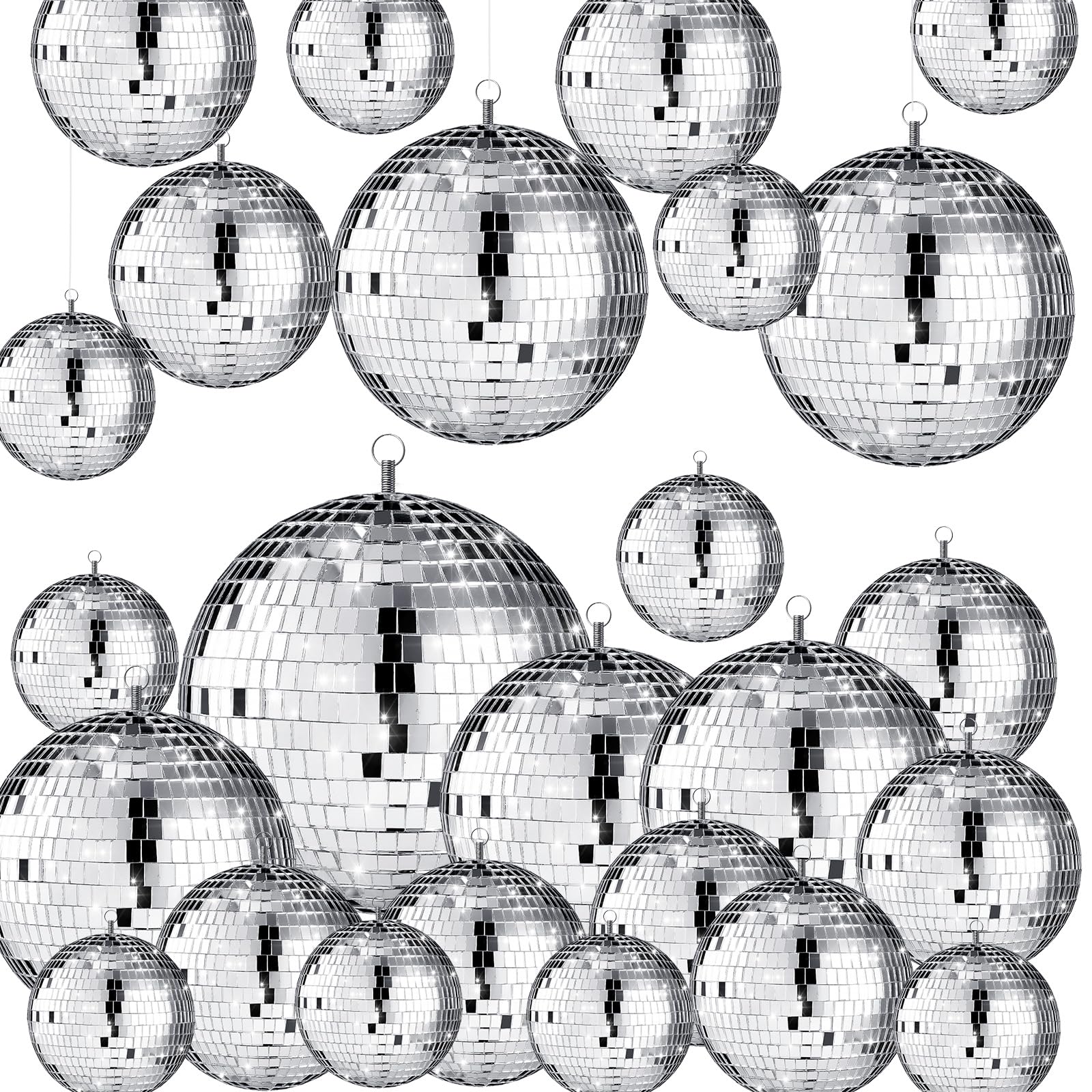 Photo 1 of Sumind 25 Pcs Disco Balls Decoration Mirror Disco Balls Silver Hanging Decorations Reflective Dance and Music Festivals for DIY Halloween Christmas Stage Hall Prop (3.2'' 4'' 6'' 8'')