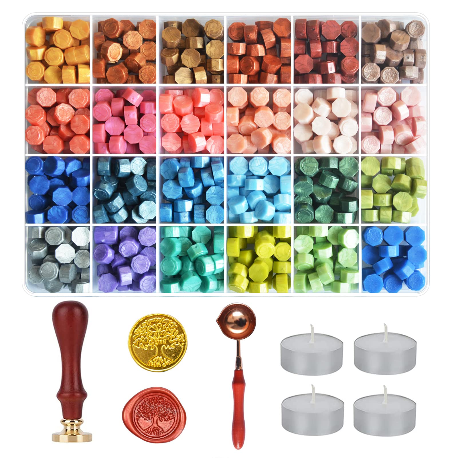 24 Colors Wax Seal Kit,600 Pcs Sealing Beads,Seal Stamp Kit with Spoon,Stamps Removable Wooden Handle,and 4Pcs Tea Candles,Sealing Wax for Beginner,Seal Stamp for Wedding Invitations Letter