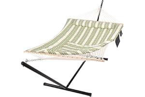 SUNCREAT Cotton Rope Hammock for Two People with Hardwood Spreader Bars, Quilted Fabric Pad & Detachable Pillow, Extra Large Hammock with 12 FT Steel Stand, Ipad Bag & Cup Holder, Green&Beige