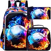 UFNDC 3PCS Boys Baseball Backpack, Kids Fire School Bag with Lunch Box, 17" Water Resistant Bookbag for Teenagers Elementary Middle