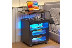 HNEBC Nightstand with Wireless Charging Station, LED Nightstand Has Adjustable Rotary Workstation,Smart Night Stand with 2 Drawers,Modern Bedside Table for Bedroom Furniture,Sensor Light/Wheel (Black)