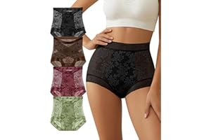 Women's High Waisted Lace Panties Seamless Tummy Control Shapewear Briefs Breathable Full Coverage Floral Lace 4 PCS