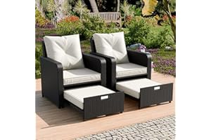 SENYUN Outdoor Rattan Daybed, Sunbed Wicker Patio Furniture w/Adjustable Backrest & Waterproof Upholstered Cushion, PE Wicker Convertible Sofa Furniture for Poolside Garden, Set of 2,Black