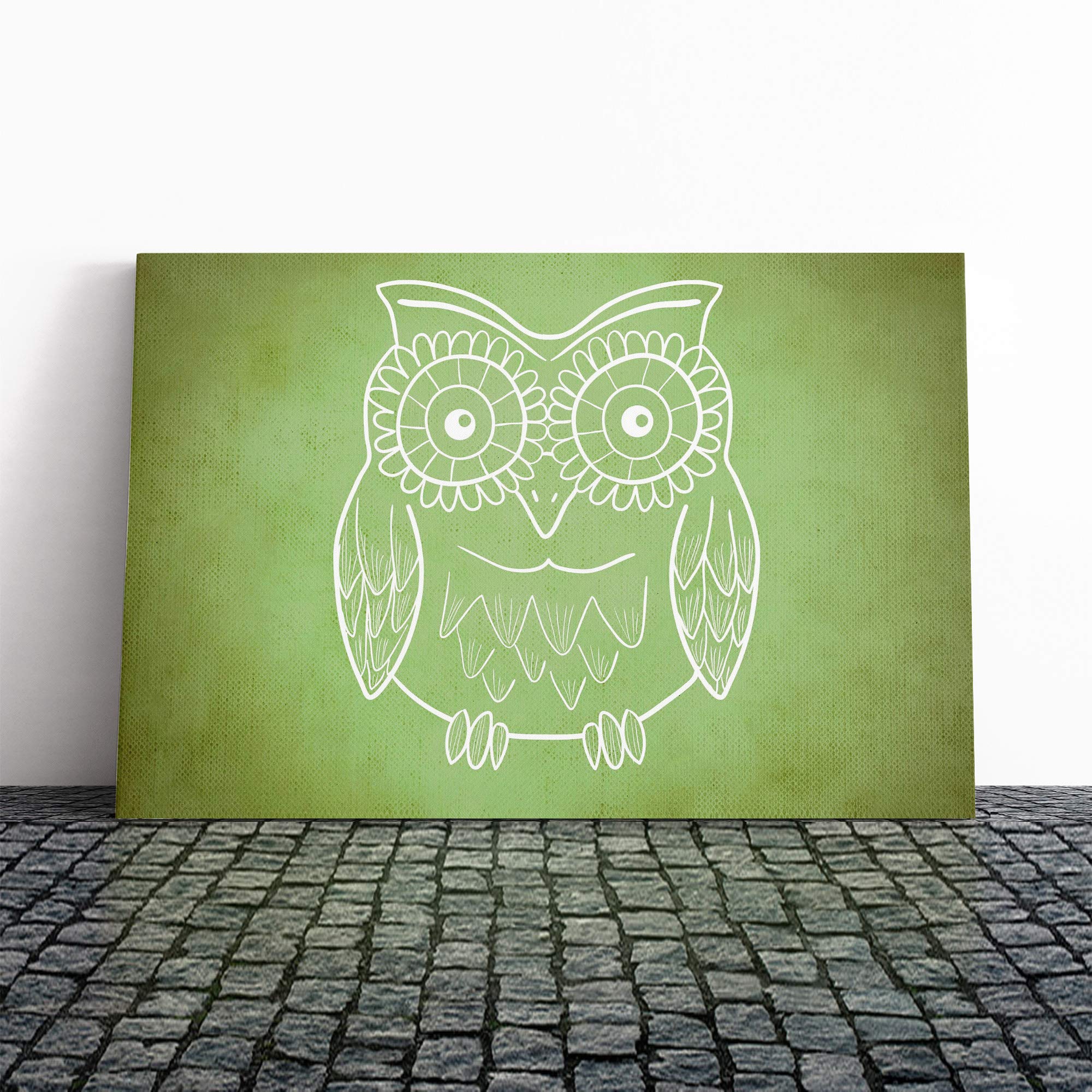 Wall Green Owl Art Canvas Print | Gallery Wrapped 30mm Frame Wall Art | 20x14 inches | Ready to Hang | Contemporary Animals Picture | Living Room Bedroom Lounge Office