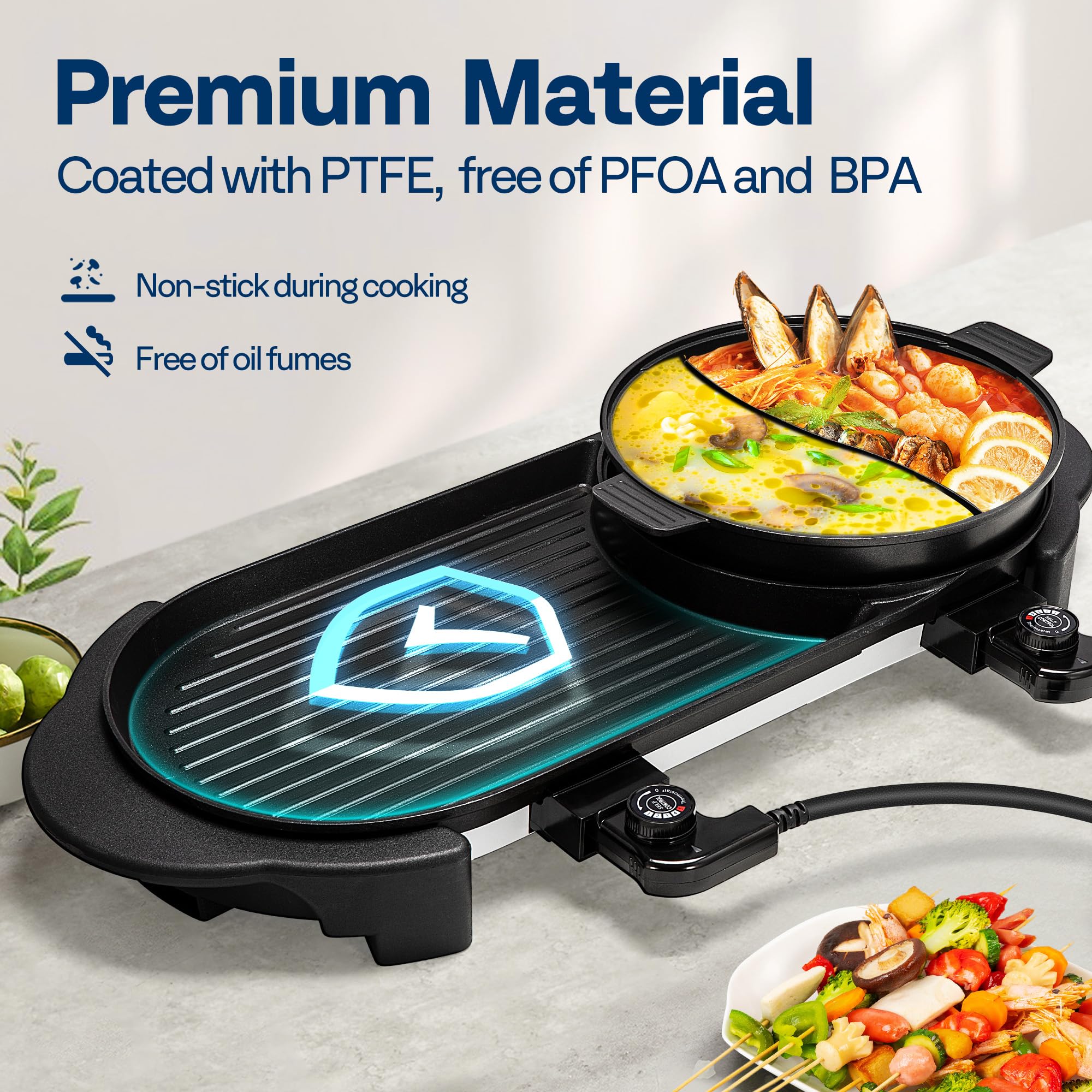 VIVOHOME 2000W Electric Hot Pot with Grill, Removable Shabu-shabu Pot w/Non-stick Baking Pan, Separate Temperature Control 2-IN-1 Hotpot BBQ for 1-6 People Family Dinning