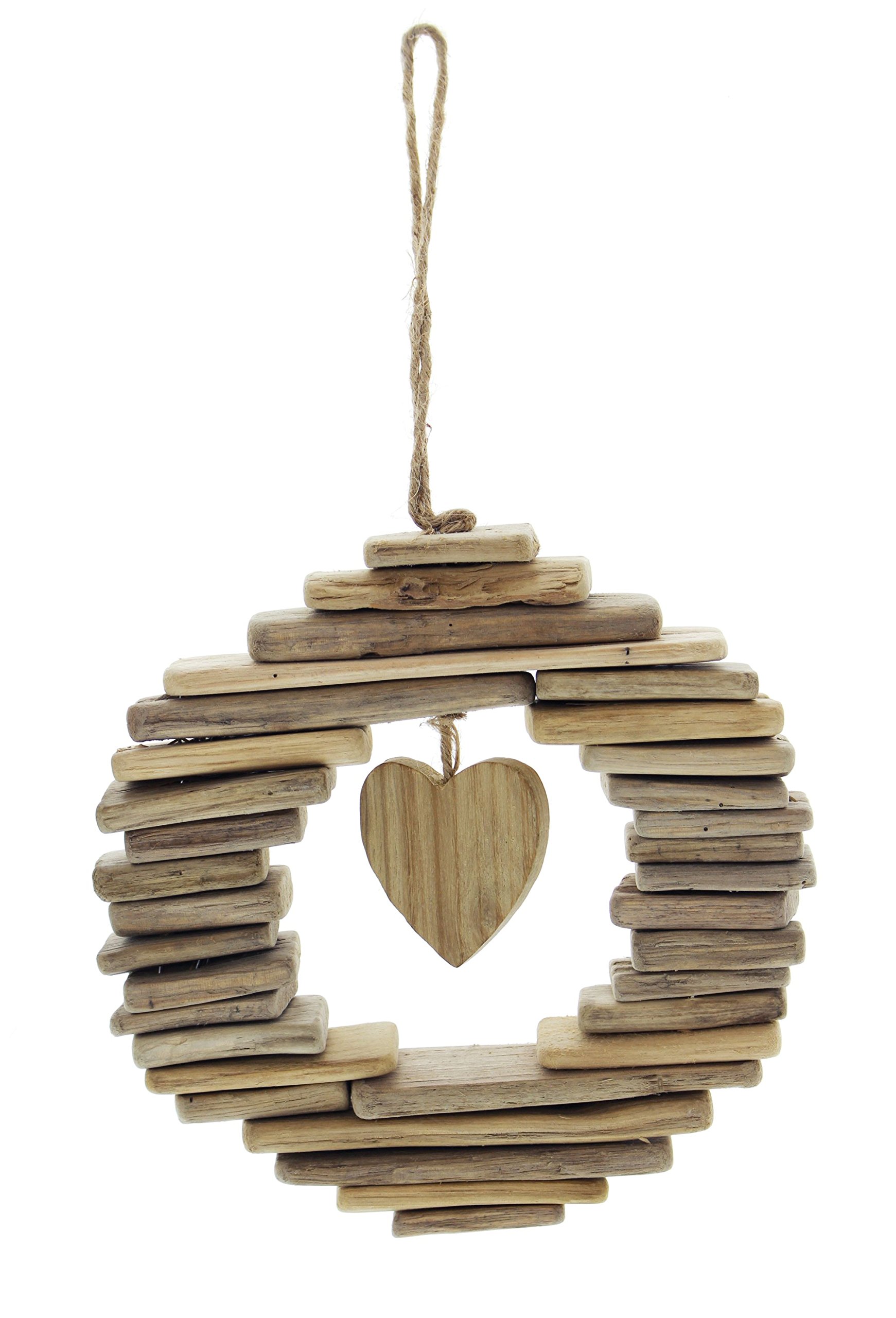 Rustic Wreath “Wooden Heart” with Cottage Charm, Natural Wood and Driftwood Decoratively Assembled, Robust Sisal String Diameter Approx. 21 cm