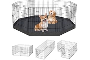 PEEKABOO Dog Pen Pet Playpen Dog Fence Indoor Foldable Metal Wire Exercise Puppy Play Yard Pet Enclosure Indoor Outdoor 8 Panels 24 Inch with Bottom Pad/Top Cover (Black with Bottom pad)