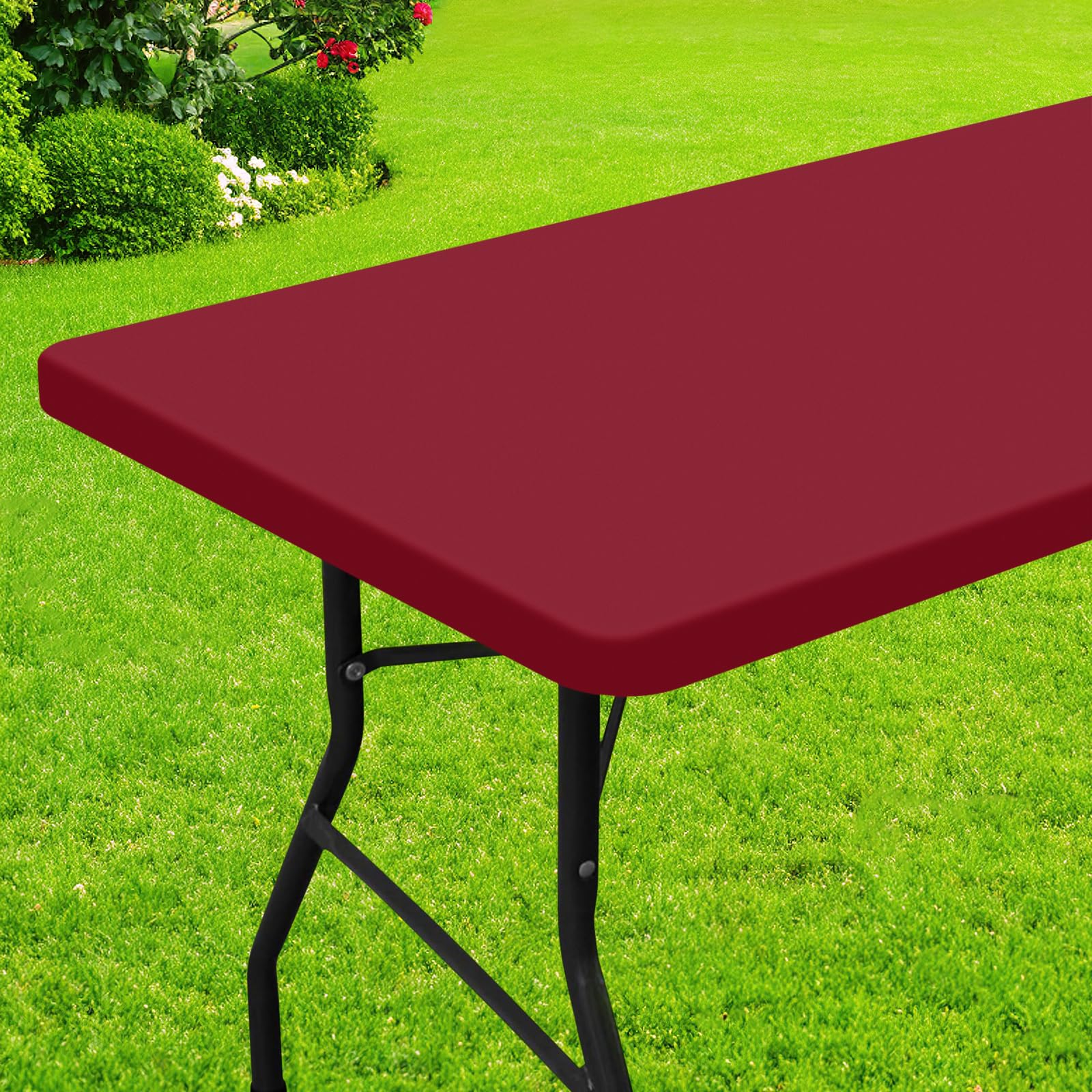 Photo 1 of Smiry Rectangle Picnic Table Cloth, Waterproof Elastic Fitted Tablecloths for 4 Foot Tables, Washable Polyester Table Cover for Camping, Indoor and Outdoor (Wine Red, 30"x48")