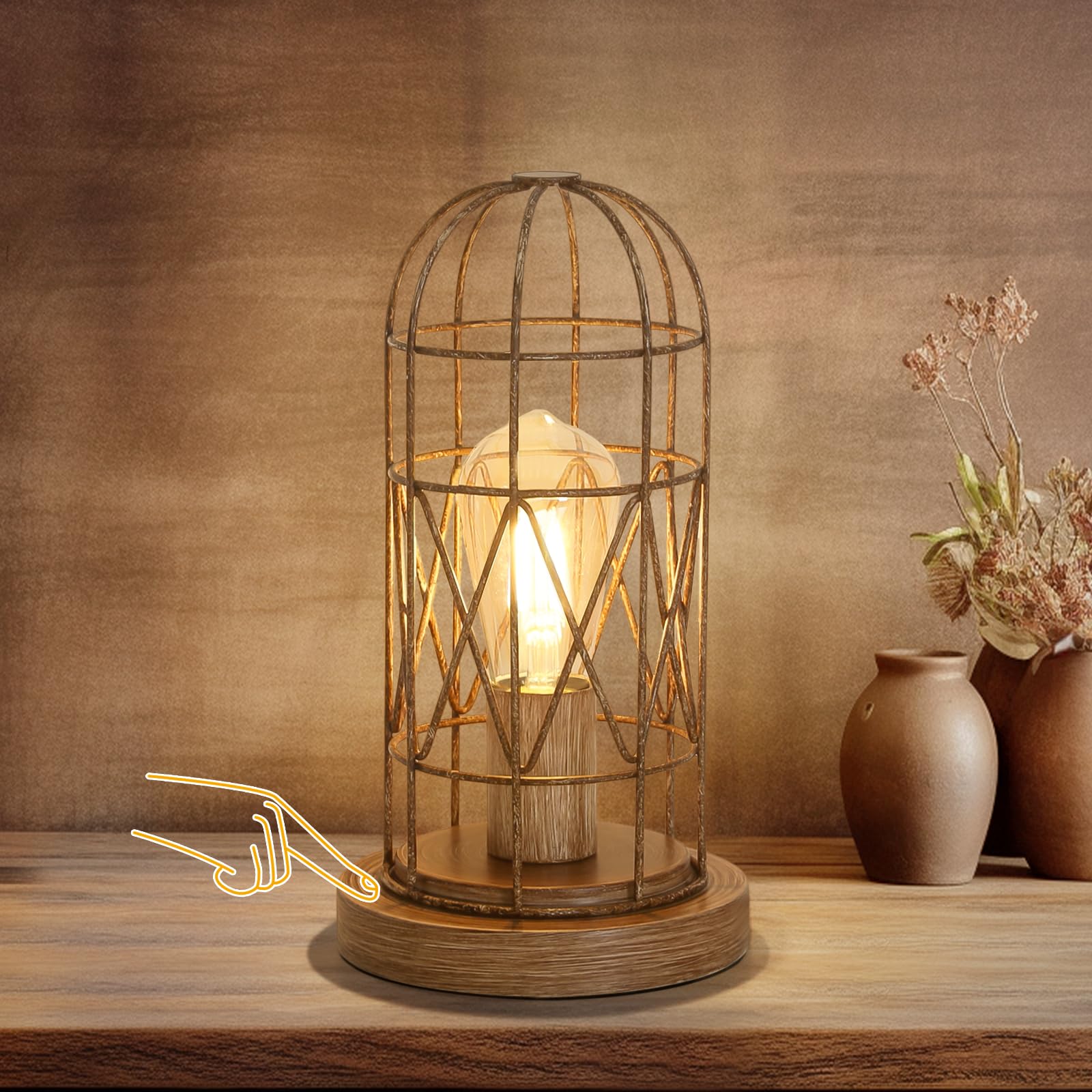 Photo 1 of Touch Control Table Lamp for Small Spaces - 3 Way Dimmable Nightstand & Bedside Lamp for Bedroom & Living Room, Rustic Wood Cage Shade, Bulb Included