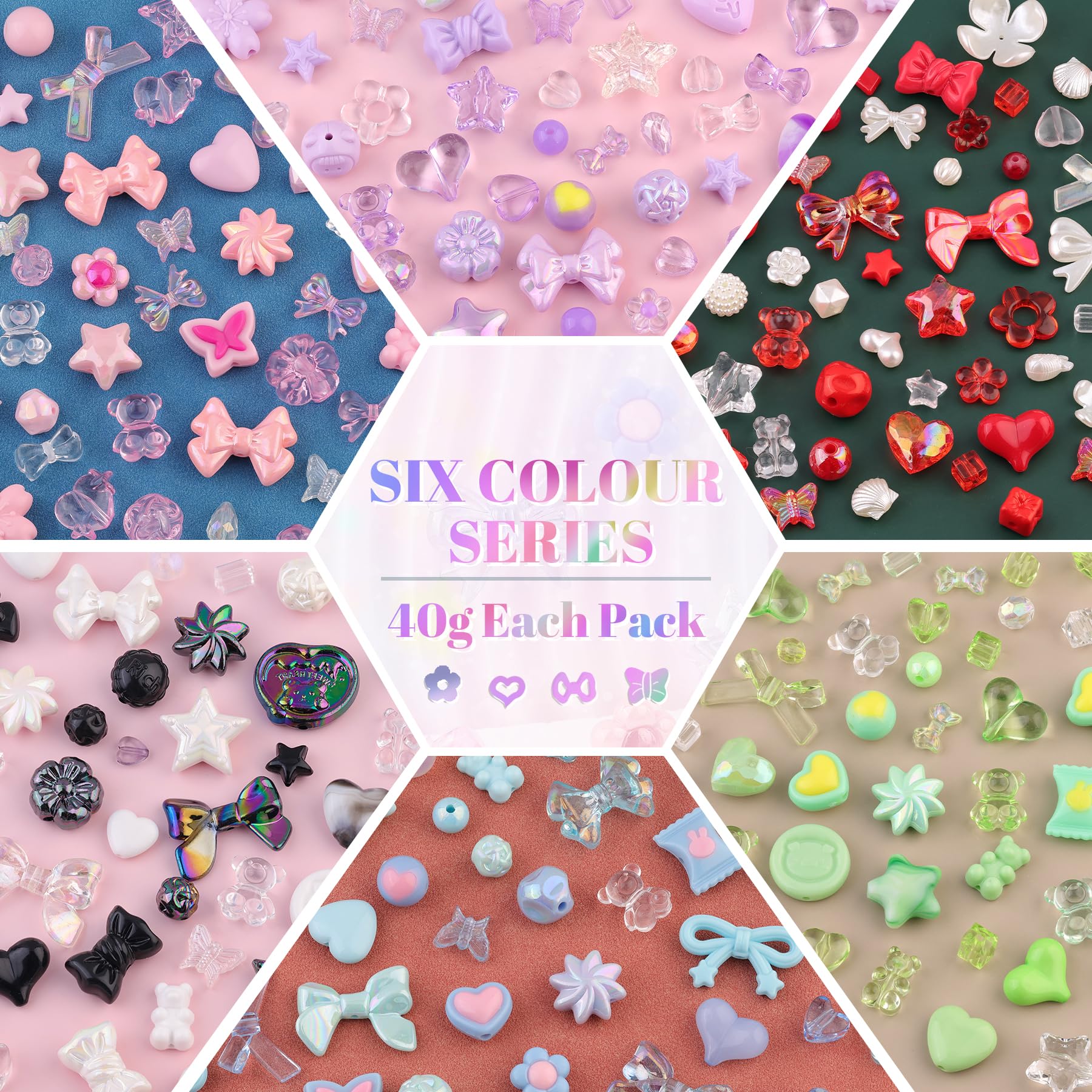 TINKRSTUFF Assorted Acrylic Beads, 400-450PCS 6 Mixed Colors Cute Beads for Bracelet Making, Aesthetic GummyBear Bow Flower Butterfly Kawaii Charms for Jewelry Making DIY Necklace Keychain Phone Charm