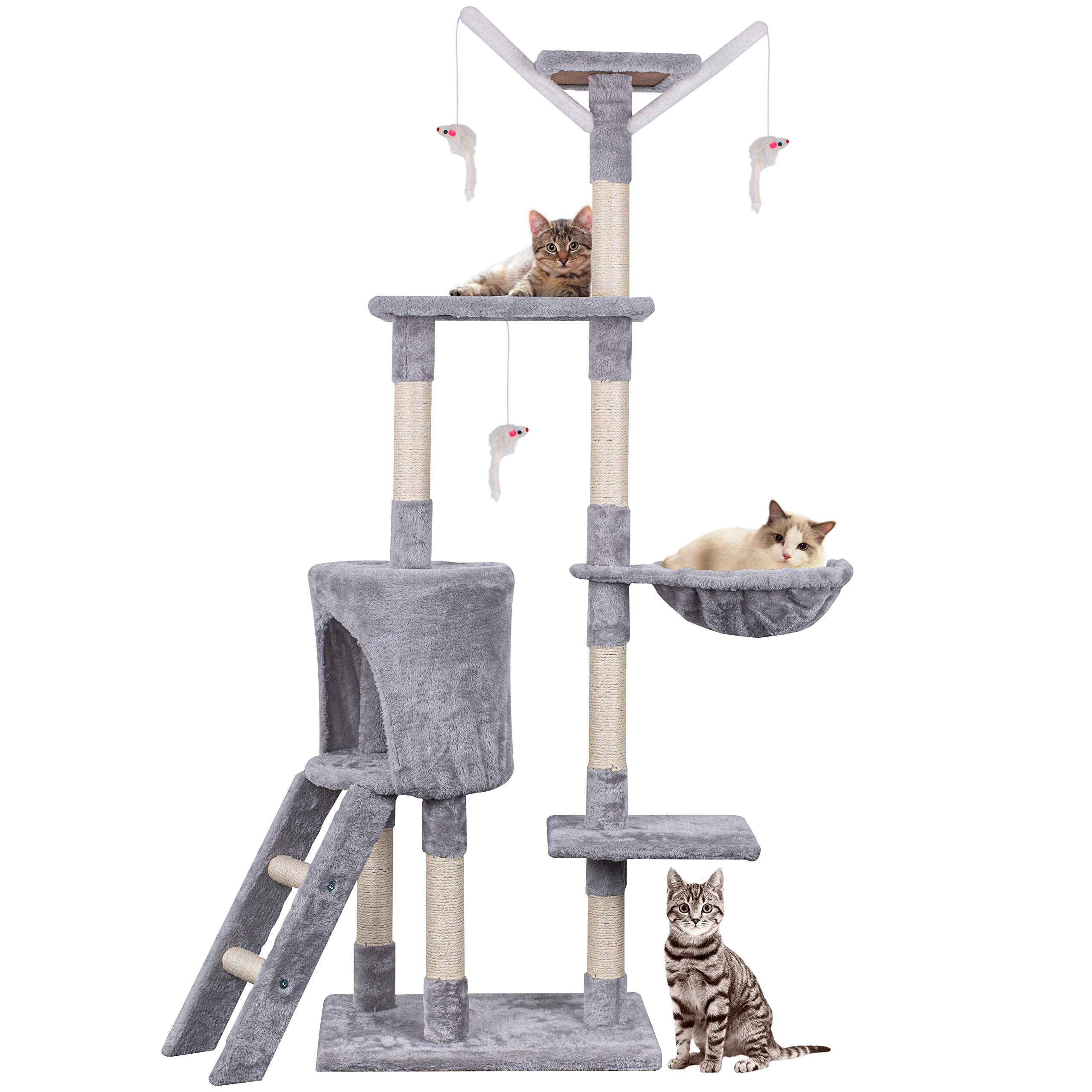 HOMIDEC Cat Tree, 145cm Cat Scratch Posts Multi-Level Stable Cat Climbing Tower Cat Activity Trees with Ladder, Indoor Pet Activity Furniture Play House for Kitty Kitten