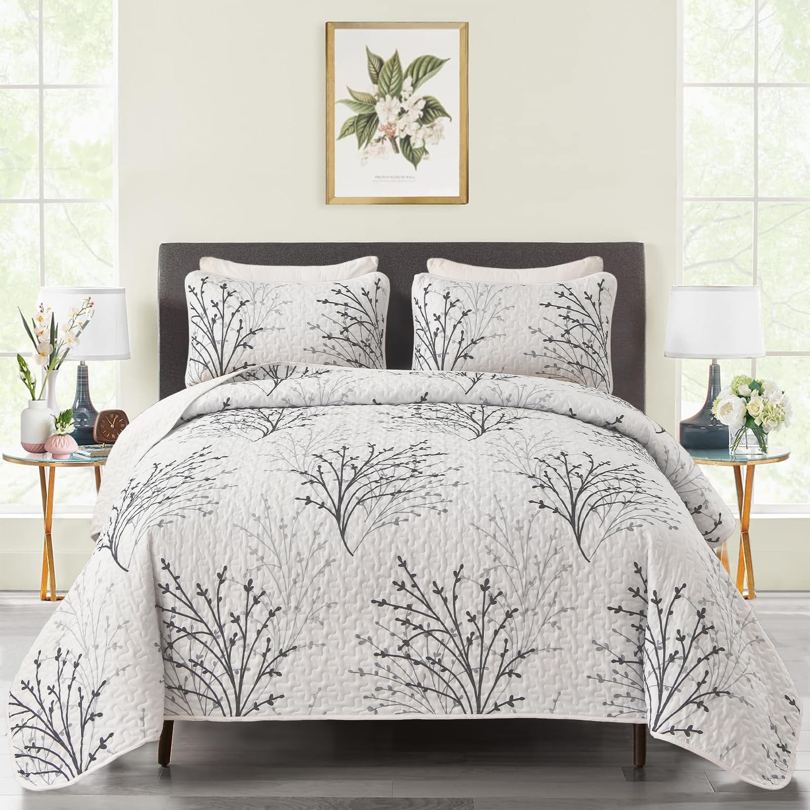 DJY White Quilt Set King Size - 3 Pieces Botanical Pattern Bedspread Coverlet Set, Cream White Floral Quilt Bedding Set Soft Lightweight Microfiber Bed Cover for All Season Image