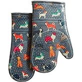 Oven Mitts Set of 2 with Transparent Clear Silicone Shell and Nice Dog Printing Cotton Lining, Heat Resistant to 500 F Kitchen Oven Gloves Pot Holder for Cooking (Gray)