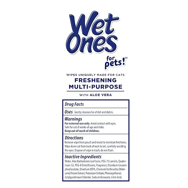 WET ONES FOR CATS FRESHENING WIPES, MULTI-PURPOSE CAT GROOMING WIPES WITH ALOE VERA, HELPS REMOVE DIRT, ODOR, AND DANDER BETWEEN BATHS, FRESH SCENT, 50 COUNT