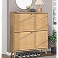 Fsbecl Shoe Storage Cabinet for Entryway with 2 Flip Drawers, Narrow Wood Shoe Cabinet with Fluted Panel, Freestanding Hidden Shoe Organizer for Foyer, Hallway (Wood Color)