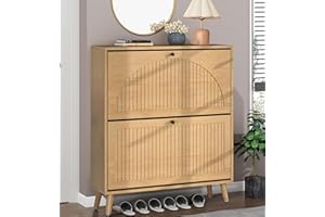 Fsbecl Shoe Storage Cabinet for Entryway with 2 Flip Drawers, Narrow Wood Shoe Cabinet with Fluted Panel, Freestanding Hidden Shoe Organizer for Foyer, Hallway (Wood Color)