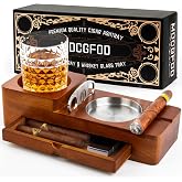 Cigar Ashtray Coaster Whiskey Glass Tray and Cigar Holder, Wooden Ash Tray, Slot to Hold Cigar, Cigar Rest Cigar Accessory Set Gift for Men Dad, Great Decor for Home(Large drawer)