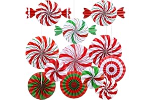 Outus 12 Pcs Christmas Paper Fans Set Candy Party Hanging Decorations Christmas Hanging Fans Xmas Peppermint Candy Ceiling Wall Decor for Xmas Holiday Candyland Birthday Party Classroom Home Supplies