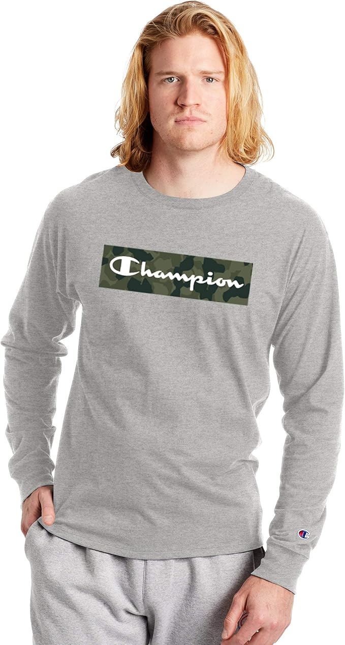 Champion Men's LongSleeve Camo Box Script TShirt (Oxford Gray Camo
