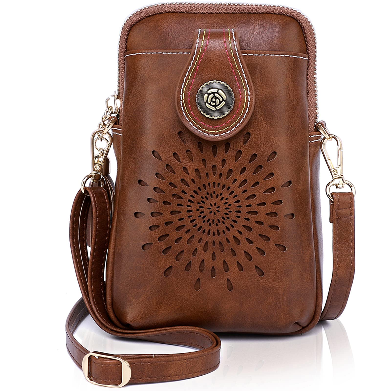 APHISON Designer Phone Bags for Women Crossbody, Sunflower Tassel Vegan Leather Small Crossbody Bags for Women fits Phone Up to 6.7 inches Coffee
