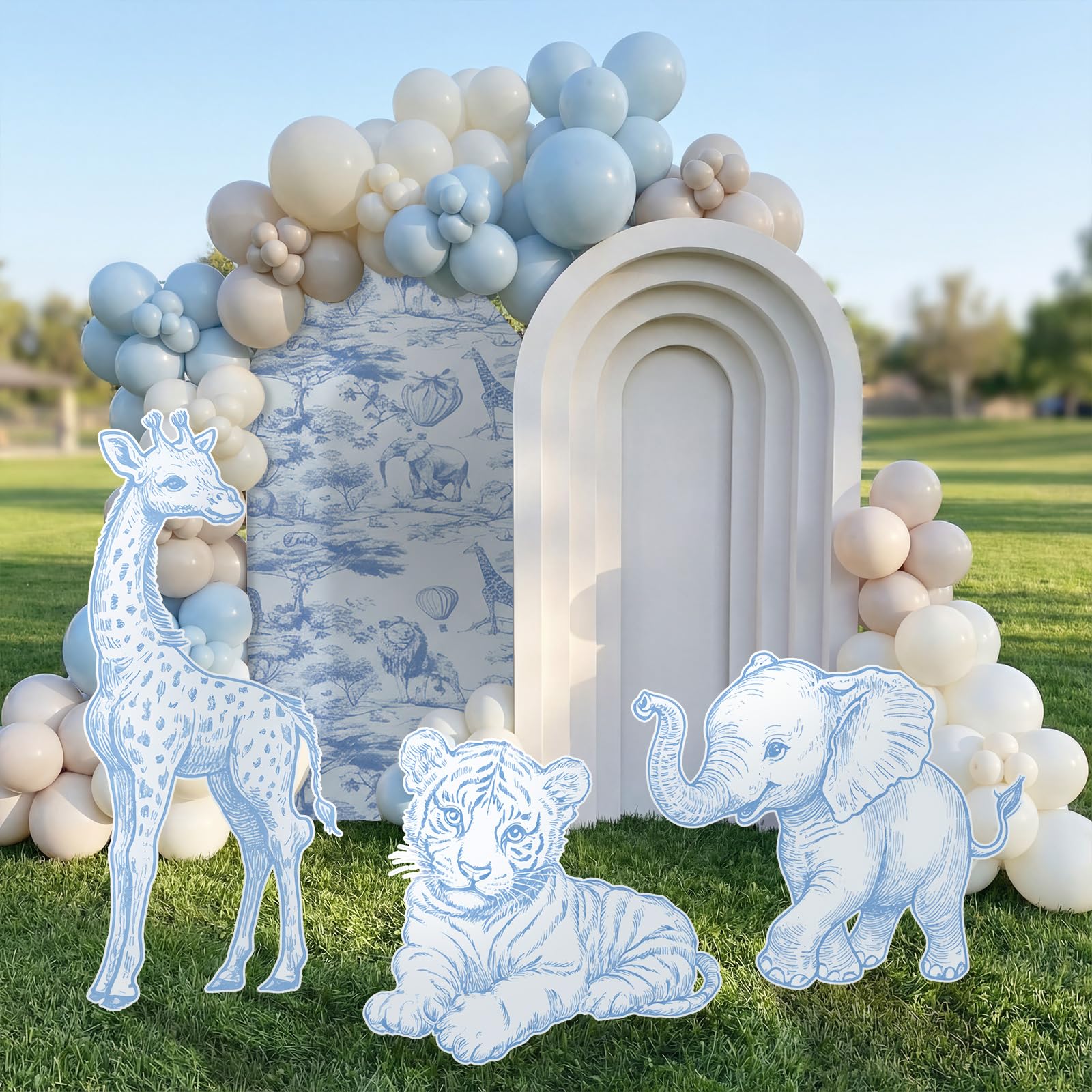 Photo 1 of Eaasty 3 Pcs Blue Toile De Jouy Safari Baby Shower Decoration Large PP Plastic Animal Stand Ups Signs Decor Chinoiserie Safari Animals Cutouts Party Decor for Wild One Birthday Photoshoot Decoration