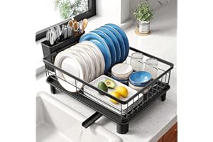 SNTD Dish Drying Rack - Space-Saving Dish Rack for Kitchen Counter, Stainless Steel Dish Drainer with Utensil Holder and Drainboard, 11" W x 15" L (Black)