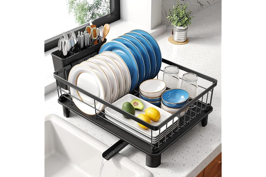 SNTD Dish Drying Rack - Space-Saving Dish Rack for Kitchen Counter, Stainless Steel Dish Drainer with Utensil Holder and Drainboard, 11" W x 15" L (Black)