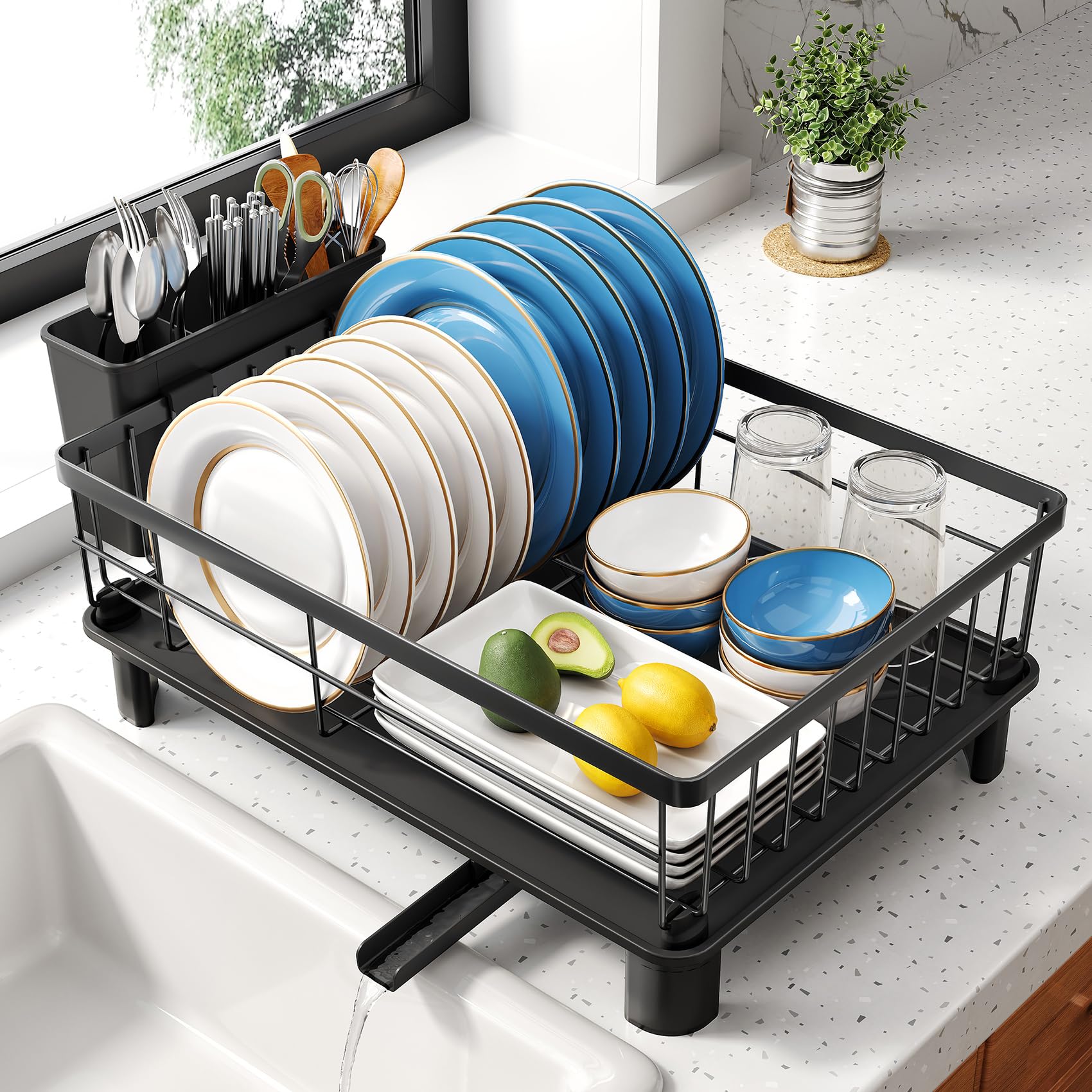 Photo 1 of Dish Drying Rack - Small Dish Rack for Kitchen Counter, Stainless Steel Dish Drainer with Utensil Holder and Drainboard (Black)