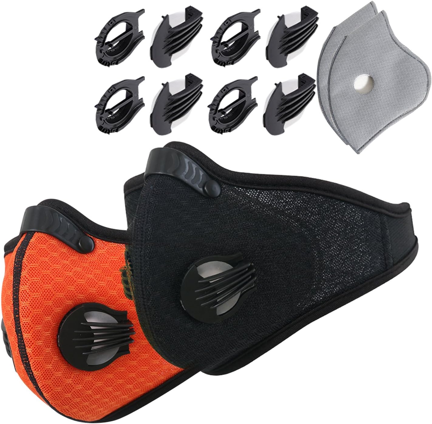 Dustproof Masks - 2 Pack Activated Carbon Dust Mask with Extra Filter Cotton Sheet and Valves for Exhaust Gas, Pollen Allergy, PM2.5, Running, Cycling, Outdoor Activities (Black and Orange)