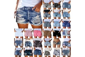 EnTIBKW Ripped Distressed Denim Shorts for Women Mid Rise Stretchy Jean Shorts Summer Casual Frayed Raw Rolled Hem Hot Shorts