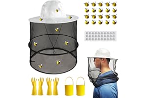 DEMOABEJAS 56 Pcs Beekeeper Set Includes 2 Pcs Beekeeper Veil Hat 20 Pcs Wool Felt Bees 30 Pcs Round Double Sided Tape 2 Pcs Yellow Felt Bucket 2 Pcs Gloves for Bee Keeper Catcher Halloween Costume Cosplay