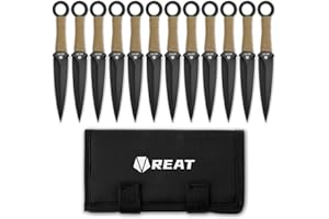 REAT Throwing Knives - 12 Piece, 6.5" 440 Stainless Steel with Green Cord-Wrapped Handle, Includes Nylon Carrying Case for Safe Storage,Kunai Knives for Competition,Recreation (Black/Green)