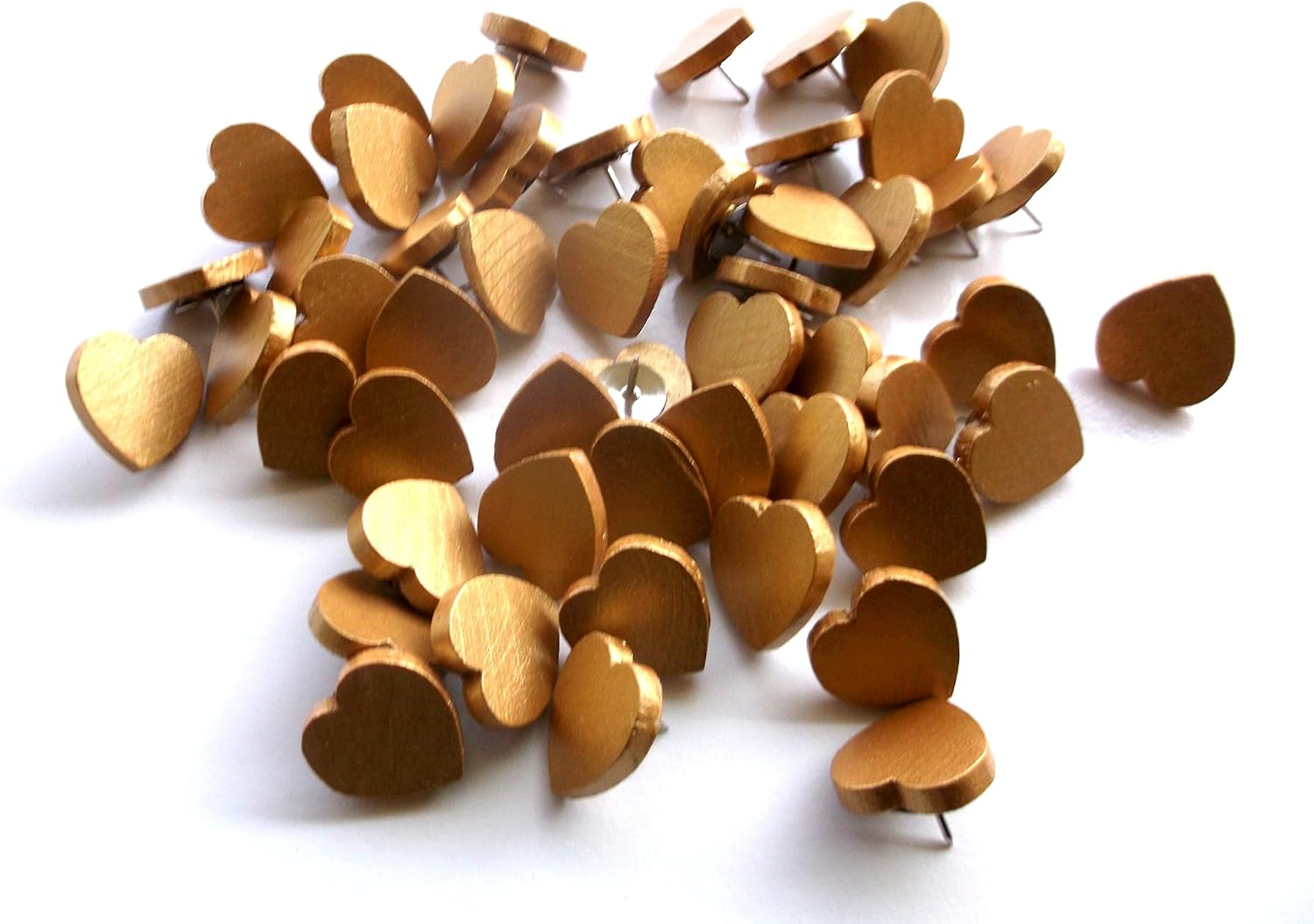 50 Gold Wooden Heart Thumb Tacks Push Pins 3/4 inch