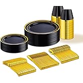 WELLIFE 150 PCS Black and Gold Disposable Dinnerware Set, Plastic Plates for Party, Including 25 Dinner Salad Plates, Cups, Forks Knives Spoons for New Year Party Supplies
