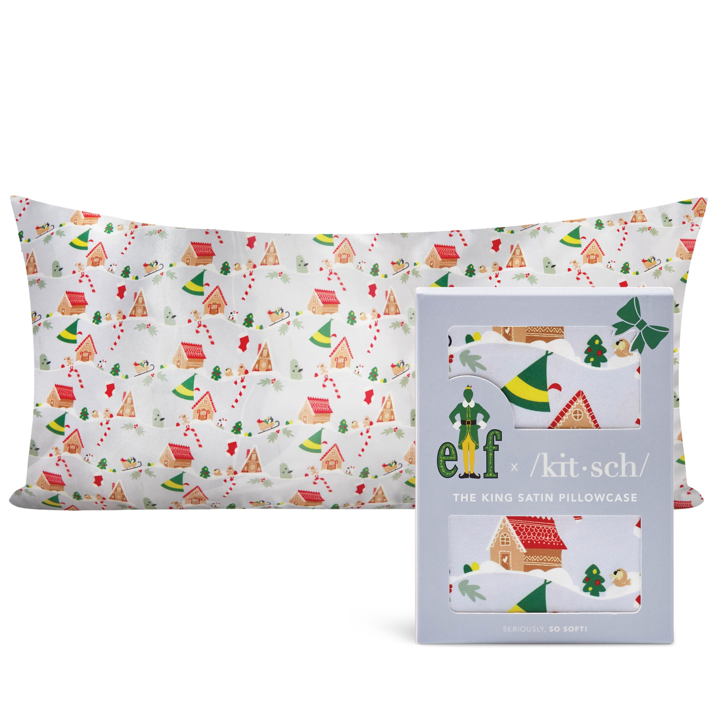 Elf x Kitsch Satin Pillowcase - Softer Than Silk Pillowcase for Hair & Skin | Cooling Satin Pillowcases with Zipper | Satin Pillow Case Cover | Pillow Cases King Size (Periwinkle Christmas) — image 1