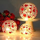 Rossesay 3 Pcs Valentine Lighted Decorative Glass Ball 3.9/4.7/5.9 Inch Heart Crackle LED Lights for Garden Red Pink Table Globe LED Lamp Battery Operated for Outdoor Indoor Party Decoration Gift