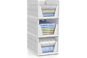 Sorbus 3 Pack Folding Closet Shelf Organizer for Clothes - Versatile Stackable Storage Baskets for Closet, Bathroom, Kitchen and Garage - Easy Access Open Front Design - Plastic Organizer Shelves