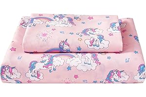Softan Bed Sheet Set for Girls, Twin Size Kids Sheets Microfiber Kids Fitted Sheet, Breathable & Silky Soft Feeling Sheet Set 3 PCs Pink Unicorn Twin Bed Sheet