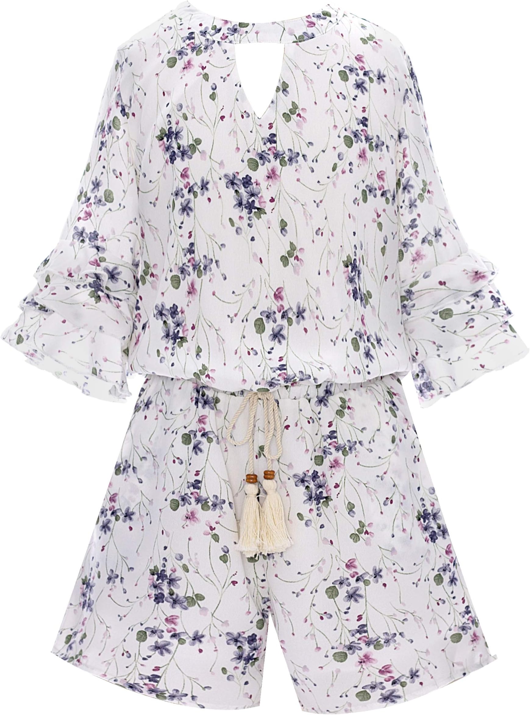 Smukke, Big Girls Tween Tiered Ruffle 3/4 Sleeves Romper with Pockets, 7-16