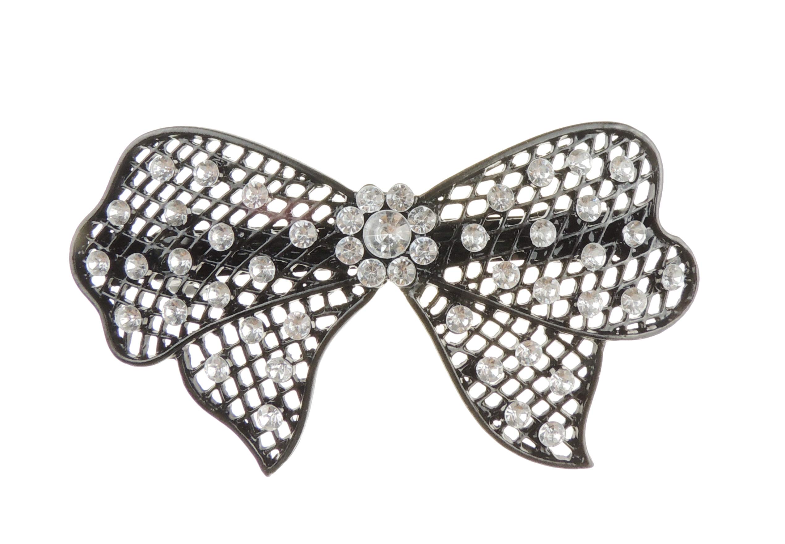 Vintage Look Womens Girls Crystal Rhinestone Diamante Wedding Bridal Party Evening Ponytail Fine Hair Accessories Occasion Barrette Hairpin Grip French Metal Spring Clip Large Black Bow