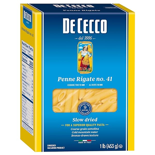 DE CECCO PENNE RIGATE NO. 41 PASTA, 16 OZ, AUTHENTIC, SLOW DRIED, MADE WITH DURUM WHEAT, VERSATILE PASTA FOR SAUCES & RECIPES, MADE IN ITALY