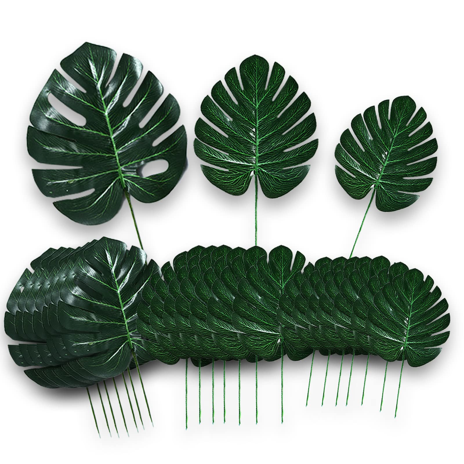 Artifical Palm Leaves with Stem, 24 Pieces 3 Sizes, Fake Safari Leaves, Faux Tropical Jungle Monstera Leaf for Room Decor Hawaiian Luau Jungle Green Party Decorations