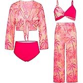 GRACE KARIN Teen Girls Bathing Suits Kids 4 Piece Long Sleeve Swimsuit Kimono Up Pants Bikini Tankini Set Swimwear