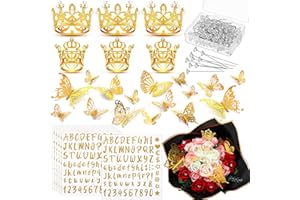 XunYee 148 Pcs Flower Bouquet Accessories Include 6 Pcs Crowns 6 Pcs Glitter Letter Stickers 36 Pcs 3D Butterflies 100 Pcs Corsage Pins for Birthday Mother's Day DIY Flower Arrangement (Gold)