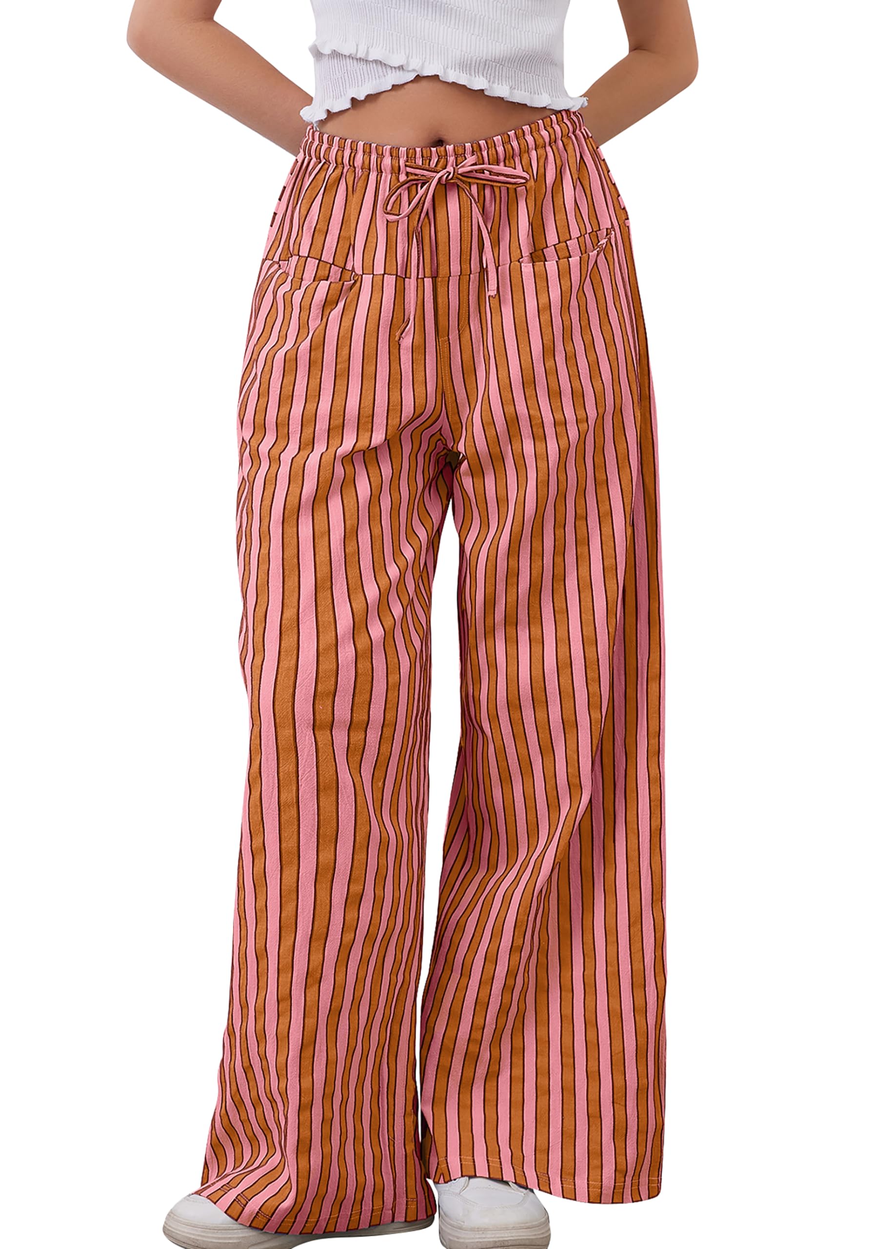Photo 1 of MISSACTIVER Women Drawstring Striped Pants Loose Wide Leg Trousers Casual Low Waist Pants Comfy Lounge Pants with Pockets Red
Large